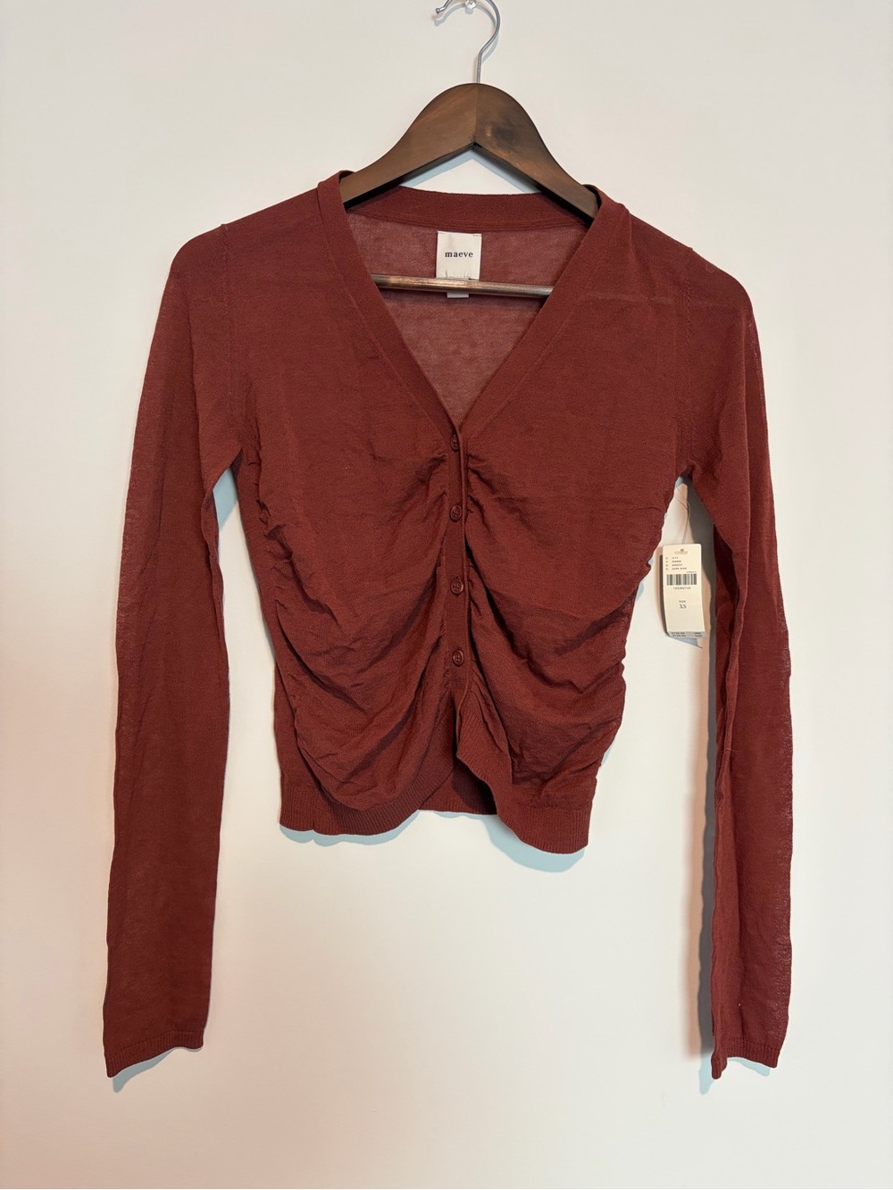 Anthropologie Maeve NWT Ruched Cardigan XS Dark Wine Burgundy $138